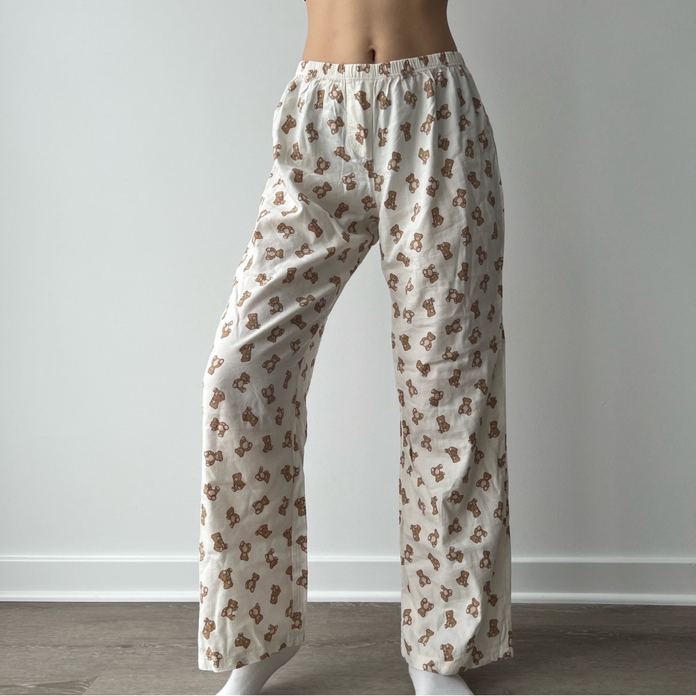 Brandy Melville Kiera Teddy Bear Graphic Pajama Lightweight Pants Ivory Brown XS